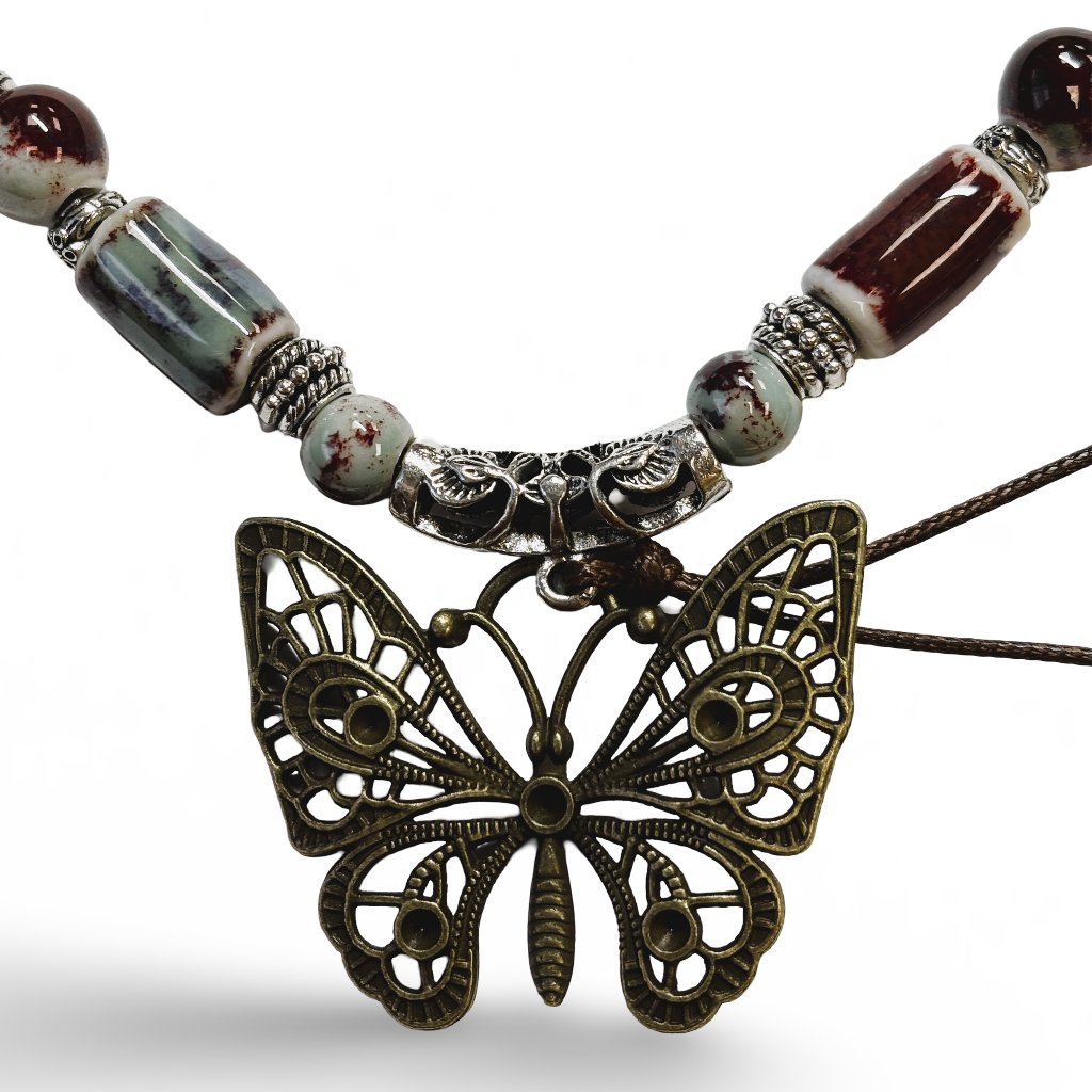 Vintage Burgundy Jade Bead Gold Butterfly Blessing Charm Necklace